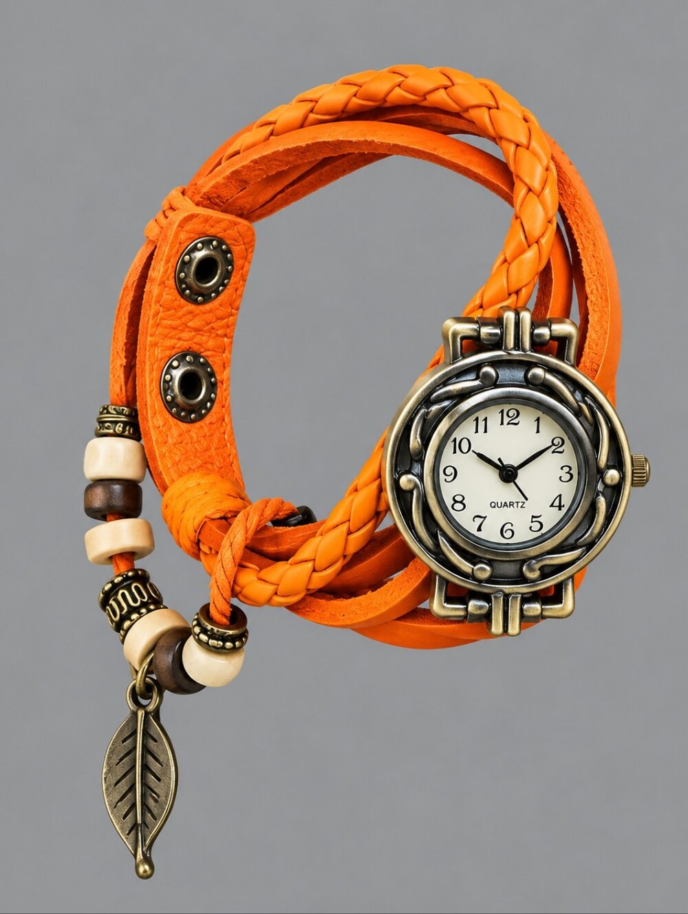 Vintage Orange Boho Leather Beaded Watch Bracelet